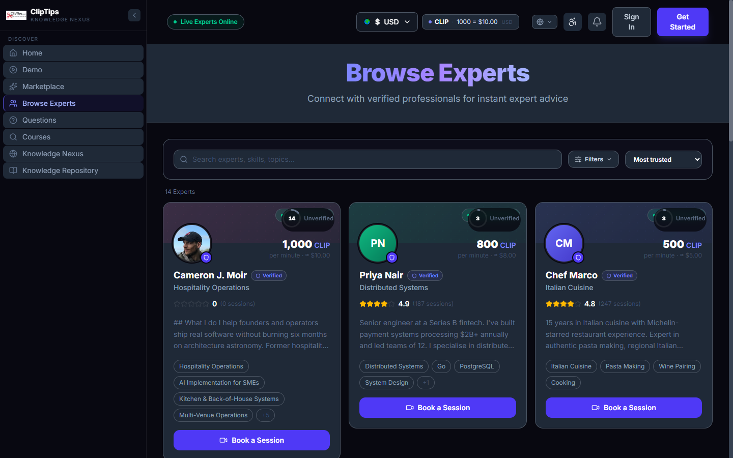 ClipTips Browse Experts page with verified expert cards