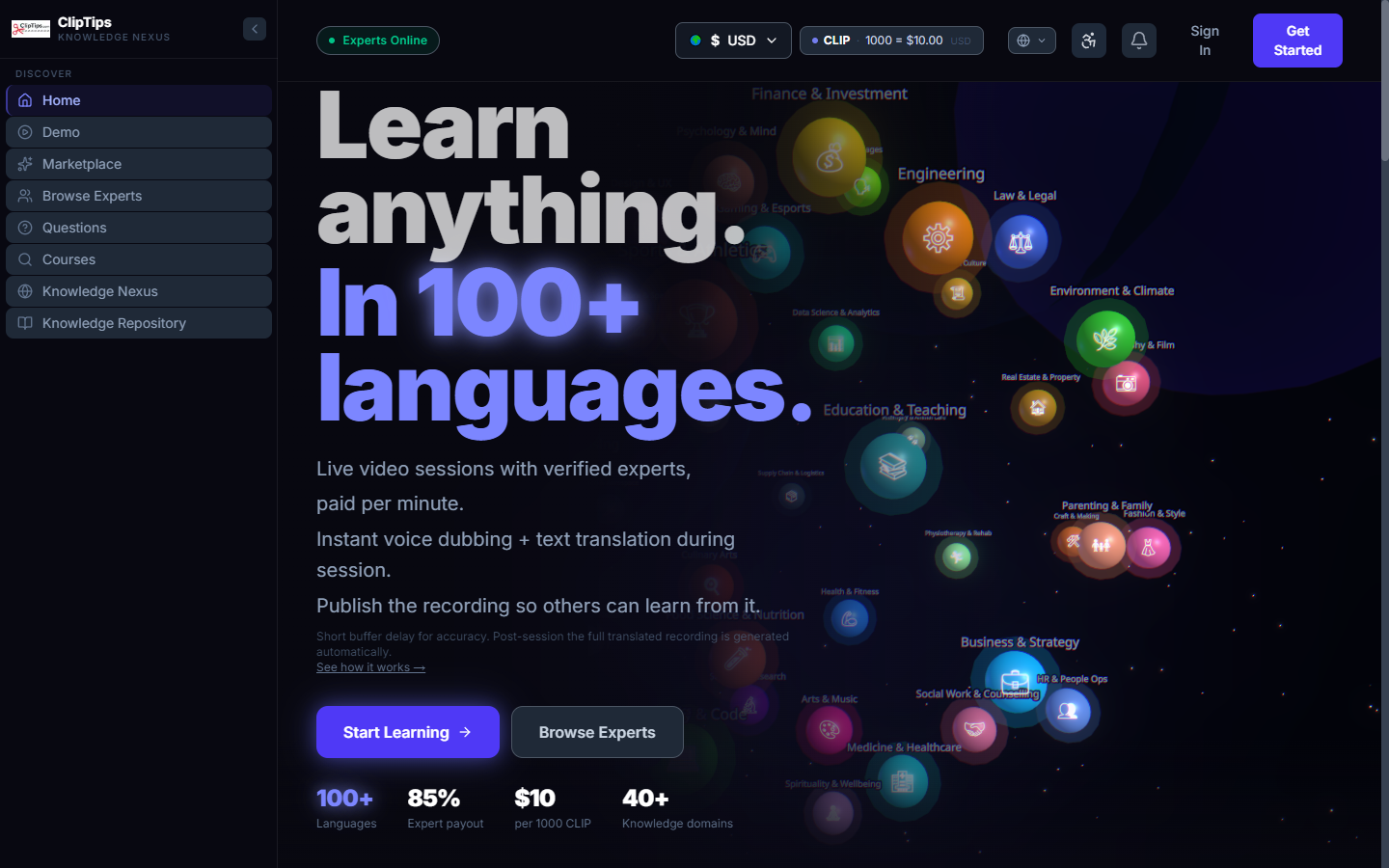 ClipTips landing - Learn anything. In 100+ languages.